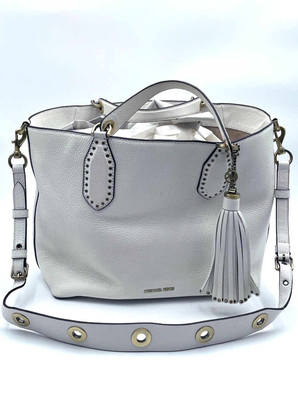 Michael Kors Brooklyn Large Optic White Leather Satchel Crossbody Tote Like New